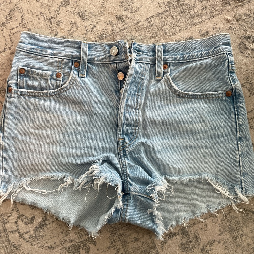 Levi's 501 Blue High-Waisted Jean Shorts with Frayed Hem